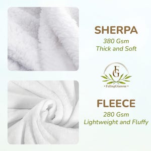 May include: Close-up of two white fabric swatches. The top swatch is labeled "Sherpa 380 Gsm Thick and Soft" and the bottom swatch is labeled "Fleece 280 Gsm Lightweight and Fluffy".