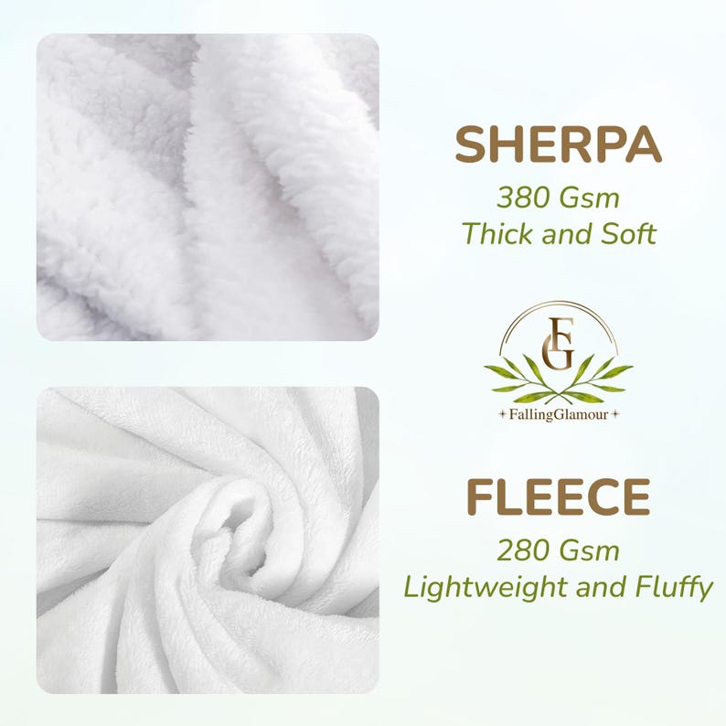May include: Close-up of two white fabric swatches. The top swatch is labeled "Sherpa 380 Gsm Thick and Soft" and the bottom swatch is labeled "Fleece 280 Gsm Lightweight and Fluffy".
