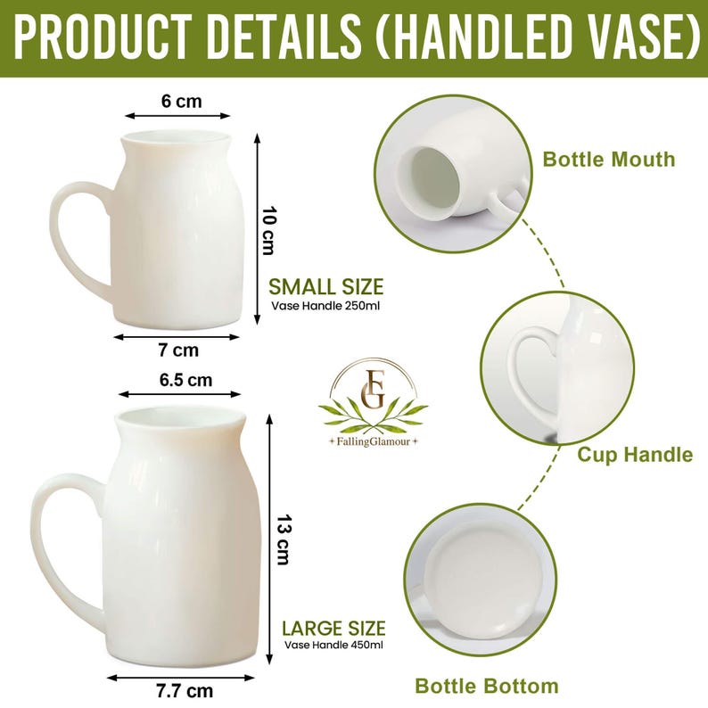 Pu&ograve; includere: Dettagli del prodotto di un vaso bianco con manico. La misura piccola &egrave; alta 10 cm, larga 7 cm e con un diametro di 6 cm. La misura grande &egrave; alta 13 cm, larga 7,7 cm e con un diametro di 6,5 cm. Il vaso ha un manico e un'apertura.