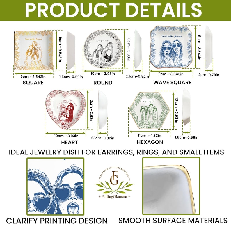May include: Product details of decorative dishes in square, round, wave square, heart, and hexagon shapes. Each dish is approximately 3.5 to 4.3 inches in diameter. The dishes have various designs and are ideal for jewelry and small items.