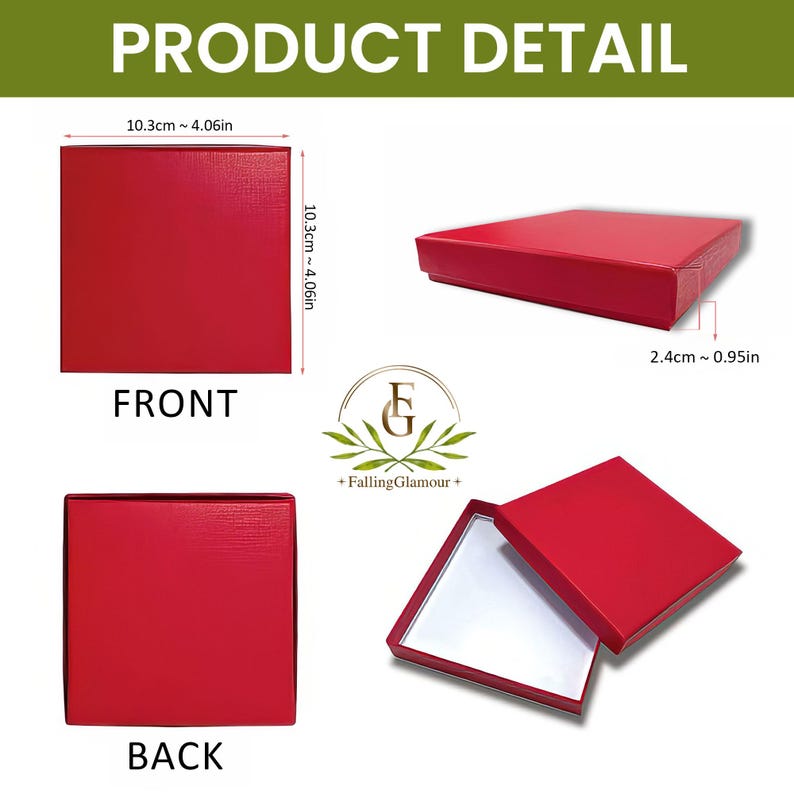 K&ouml;nnte beinhalten: Abbildung von vier roten quadratischen Geschenkboxen, jeweils etwa 10,3 cm gro&szlig; und 2,4 cm tief. Die Boxen werden aus verschiedenen Perspektiven gezeigt, mit dem Text "PRODUCT DETAIL" oben.