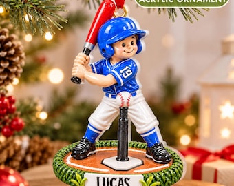 Könnte beinhalten: Ein 3D-Relief-Acryl-Ornament, das einen Baseballspieler in blauer Uniform mit der Nummer 19 zeigt, der einen roten Schläger hält. Der Spieler steht auf einer Basis mit dem Namen LUCAS. Der Text 3D RELIEF ACRYLIC ORNAMENT ist sichtbar.