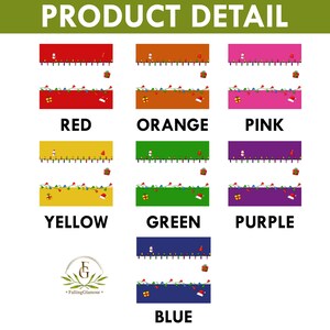 May include: A product detail chart displaying seven color variations including red, orange, pink, yellow, green, purple, and blue. Each color block features a repeating pattern of Christmas lights, small gift boxes, and Santa hats. The text FallingGlamour is visible in the bottom left corner.