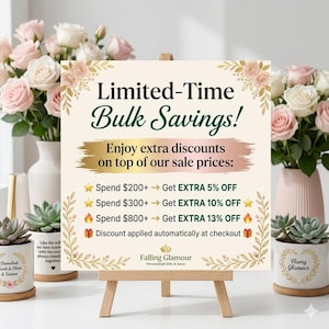 May include: A sign on a wooden easel with the text "Limited-Time Bulk Savings!" and details on extra discounts. The sign is decorated with floral accents and surrounded by vases of pink and white roses and succulent plants in decorative pots.