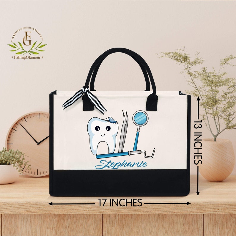 Personalized Dental Tote Bag, Custom Name Dentist Bag, Gift For Her Dentist, Dental Office Accessories, Dentist Gear Dental Hygienist Bag image 2