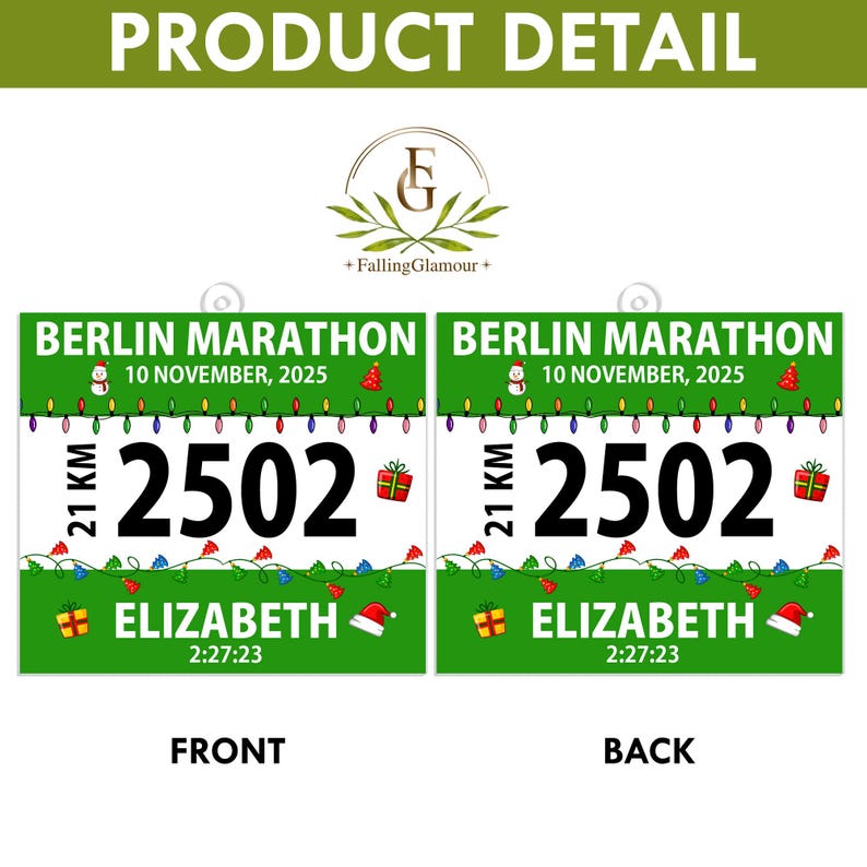 May include: A square race bib with a green border and white center featuring the text BERLIN MARATHON, 10 NOVEMBER, 2025, 21 KM, 2502, ELIZABETH, and 2:27:23. The design includes colorful string lights, gift boxes, a snowman, and a Santa hat.