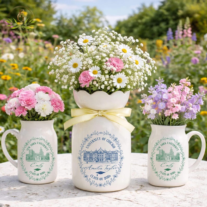 Pu&ograve; includere: Tre vasi in ceramica bianca con composizioni floreali. I vasi sono decorati con emblemi universitari e nomi, con i testi "New York University" e "University of Chicago". I fiori includono margherite, garofani rosa e fiori viola. Un nastro giallo adorna il vaso centrale.
