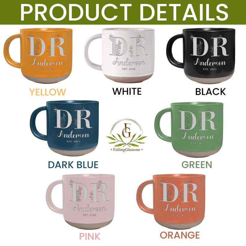 May include: Set of 10 ceramic mugs in various colors, each featuring a personalized design with the initials "DR" and the name "Anderson". The mugs have a rustic, farmhouse style.