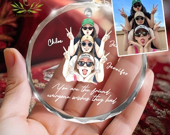 May include: A clear, circular crystal ornament with a photo of three women wearing sunglasses and hats, with the text "You are the friend everyone wishes they had." The names "Chloe" and "Jennifer" are also visible.