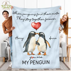 Personalized Valentine Couple Penguin Throw Blanket, Romantic I Love You Gift, Valentine Gift for Him, Anniversary Gift For Her Wife Husband