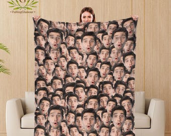 May include: A blanket featuring a repeating pattern of many faces with surprised expressions. The blanket is made of soft, plush fabric and is perfect for cuddling up on the couch.