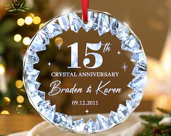 Adorno de cristal personalizado para el 15.º aniversario, regalo para el 15.º aniversario de bodas, regalo para padres, esposo y esposa.