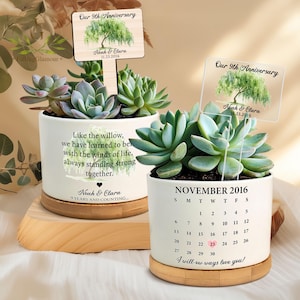 May include: Two white ceramic succulent planters with wooden bases. One planter has the text "Like the willow, we have learned to be with the winds of life, always standing strong together." The other has a calendar for November 2016. Both have signs that read "Our 9th Anniversary".