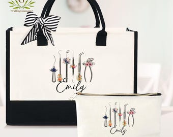 Personalized Floral Dental Tote Bag, Dental Student Gifts, Dentist Tote, Hygienist Dental Hygiene Tote Bag, Custom Dental Assistant Gifts