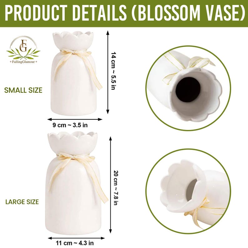 Pu&ograve; includere: Dettagli del prodotto per un vaso Blossom bianco. Il piccolo vaso &egrave; alto 14 cm e largo 9 cm. Il vaso grande &egrave; alto 20 cm e largo 11 cm. Entrambi i vasi hanno una parte superiore a forma di petalo e sono legati con un nastro.