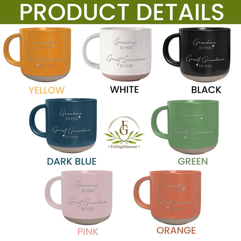May include: Set of 10 ceramic mugs in various colors. Each mug features a white design with the text "Grandma Est 1996 Great Grandma Est 2025".