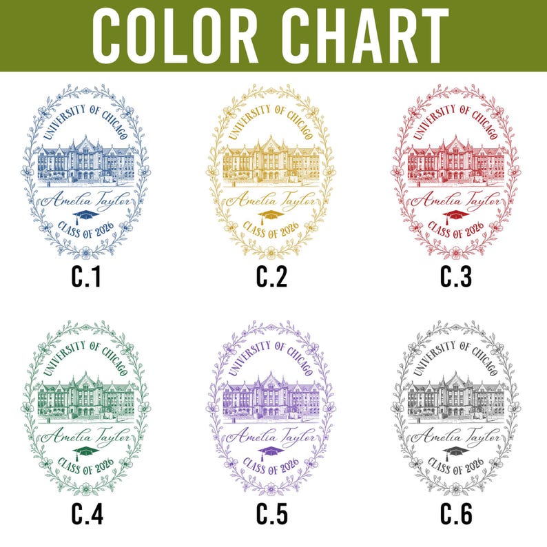 Pu&ograve; includere: Una tabella colori con sei disegni ovali con il testo "UNIVERSITY OF CHICAGO", "Amelia Tayler" e "CLASS OF 2026". Ogni disegno presenta un'illustrazione di un edificio in diversi colori: blu, oro, rosso, verde, viola e grigio.