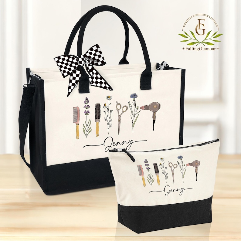May include: A black and white tote bag and matching cosmetic bag. The bags have a cream-colored center with a black bottom and handles. The bags are decorated with illustrations of salon tools and flowers, with the name "Jenny" written in cursive.