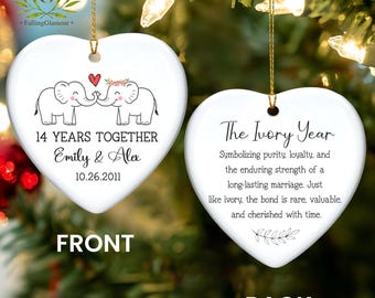 14th Anniversary Gift, Personalized Ivory Wedding Anniversary Ornament, 14th Wedding Anniversary Ornament, Elephant 14 Years Wedding Gifts