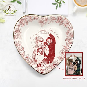May include: Heart-shaped ceramic trinket dish with a red floral border and a central illustration of two people making a heart shape with their hands. The dish includes the text "Sophia & Amanda" and a small photo.