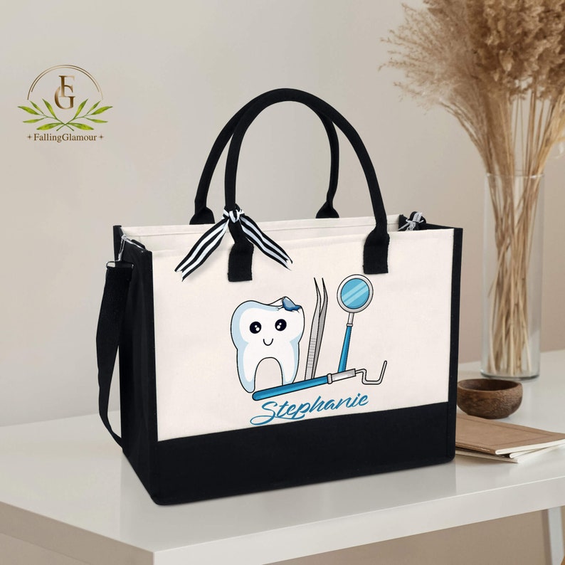 Personalized Dental Tote Bag, Custom Name Dentist Bag, Gift For Her Dentist, Dental Office Accessories, Dentist Gear Dental Hygienist Bag image 1