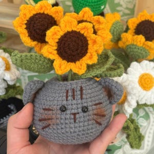 Sunflower cat crochet plush, unique handmade plant gift for her