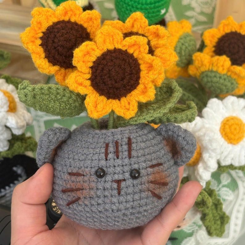 Sunflower cat crochet plush, unique handmade plant gift for her