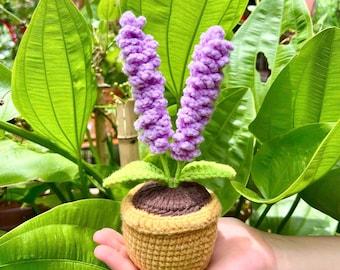 Crochet Lavender Flower Pot: Handmade Yarn Decor with Wood Base