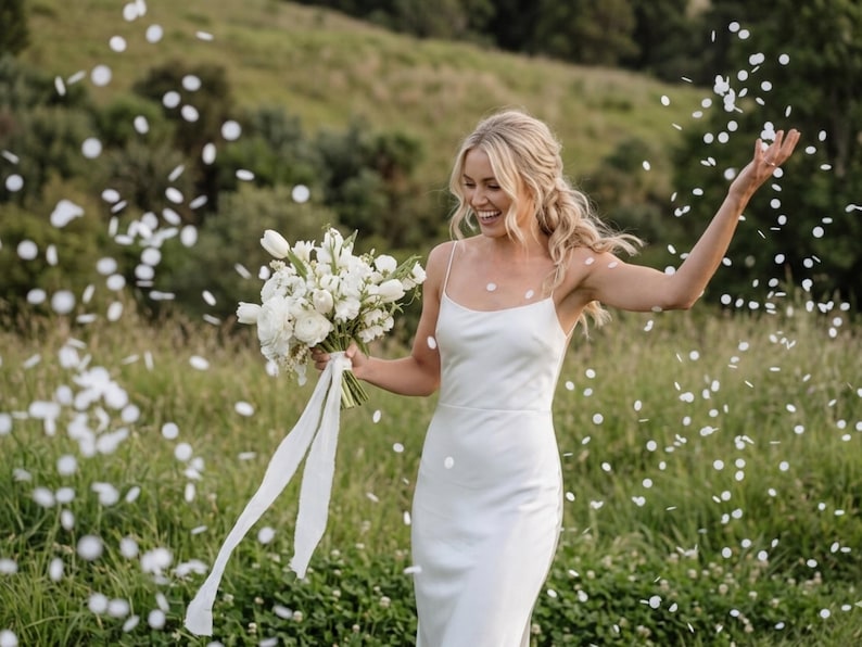 Op de afbeelding: Een vrouw in een witte jurk met spaghettibandjes lacht en gooit confetti in een veld. Ze houdt een boeket witte bloemen met lange witte linten vast. De achtergrond toont groen gras en bomen.