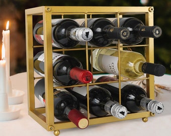 9 Bottles Gold Wine Racks , Black Metal Bottle Holder,  Countertop Standard Wine Bottles, Small Rustic Desk Storage Porta Bottiglie Corner