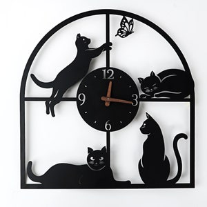 Metal Cat Wall Art, Silent Black Larger Wall Clock, Home Decor, Gold Wall Decor, Funny Unique Gifts for Cat Lovers