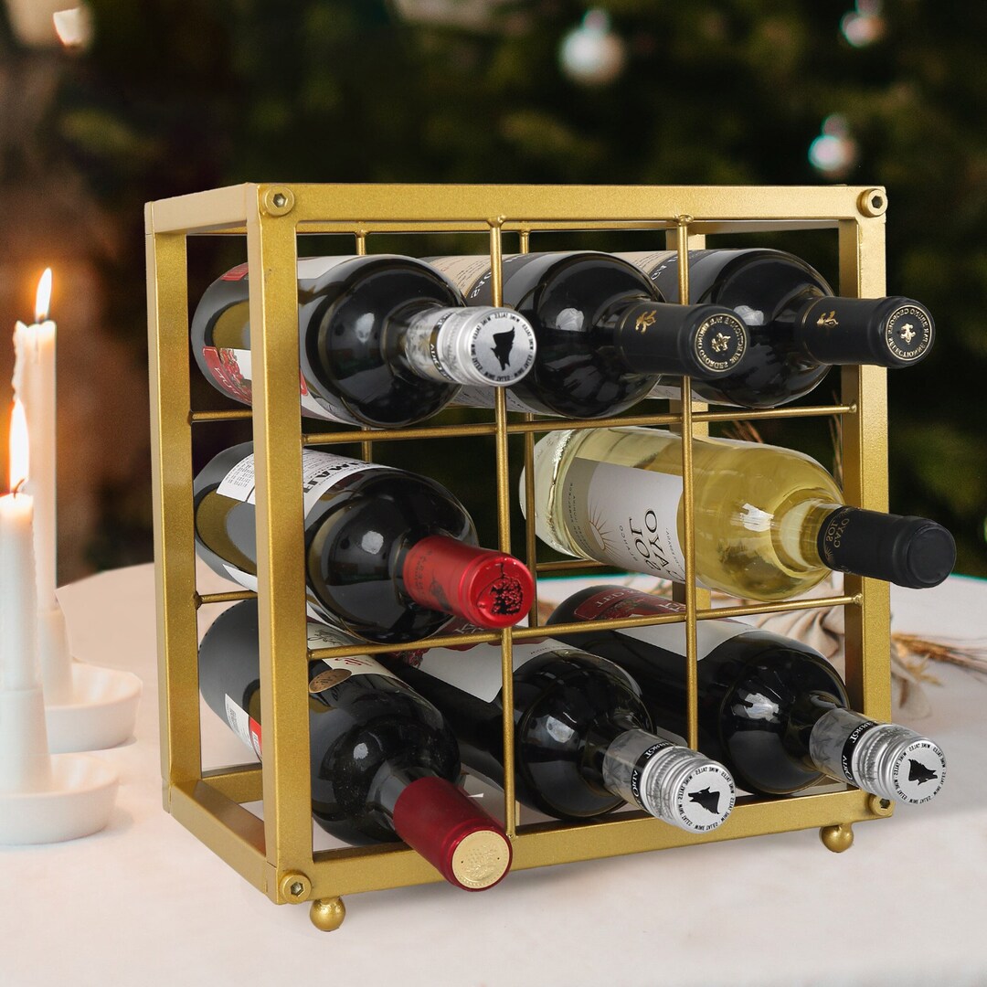 9 Bottles Gold Wine Racks Black Metal Bottle Holder Etsy
