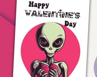 Tarjeta de San Valentín alienígena para esposa, día de San Valentín alienígena imprimible, descarga instantánea imprimible, tarjeta de San Valentín divertida para marido