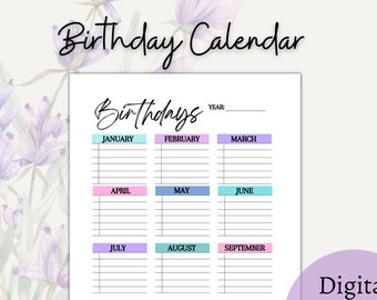 Calendario de cumpleaños, Año de un vistazo, Descarga instantánea, Planificador imprimible, Bullet Journal