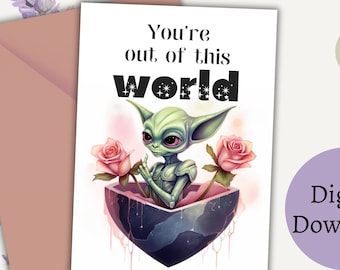 Tarjeta del Día de San Valentín fuera de este mundo para novia, Tarjeta del Día de San Valentín alienígena para novio, Tarjeta del espacio exterior para el Día de San Valentín, OVNI