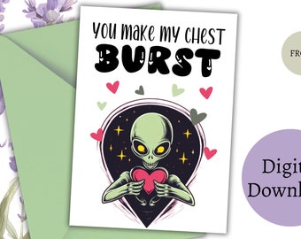 Tarjeta de San Valentín alienígena para esposa, día de San Valentín alienígena imprimible, descarga instantánea imprimible, tarjeta de San Valentín divertida para marido