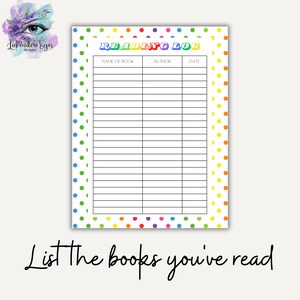 Puede incluir: Un registro de lectura imprimible con un borde de lunares de colores. El t&iacute;tulo "Reading Log" est&aacute; en letras de arco&iacute;ris. El registro tiene columnas para el nombre del libro, el autor y la fecha.