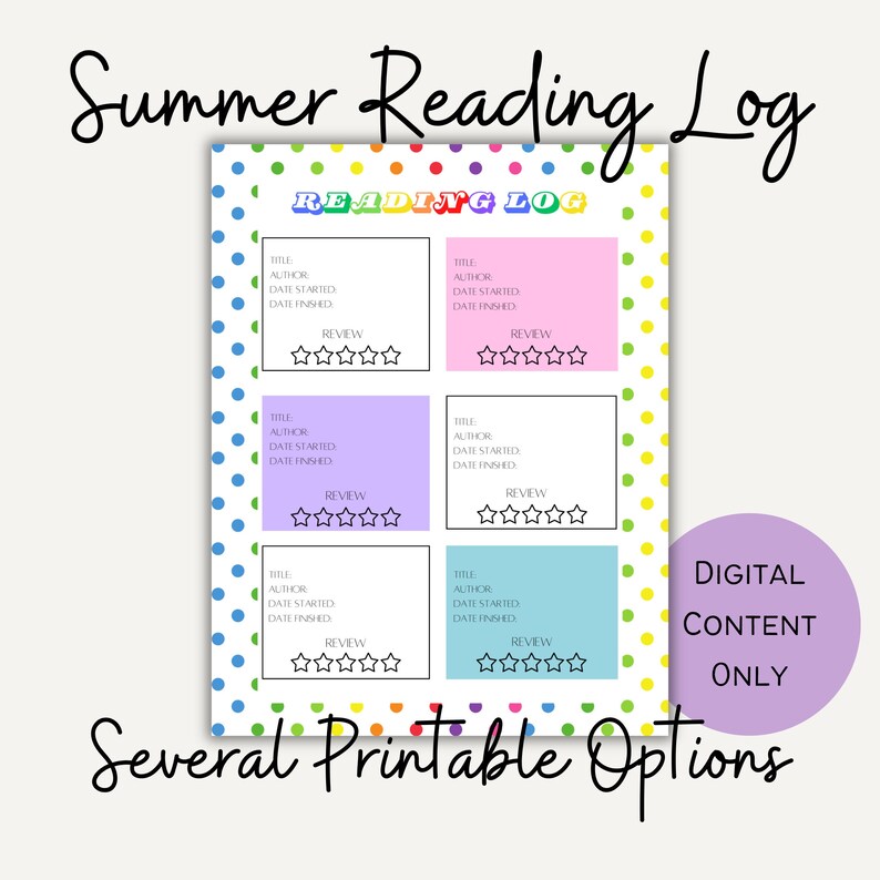 Puede incluir: Un registro de lectura de verano imprimible con un fondo de lunares arco&iacute;ris. El registro tiene seis secciones para registrar t&iacute;tulos de libros, autores, fechas de inicio y finalizaci&oacute;n, y un sistema de calificaci&oacute;n de cinco estrellas para las rese&ntilde;as.