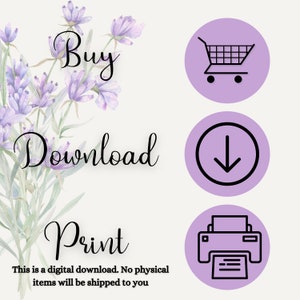Puede incluir: Gr&aacute;fico floral morado con el texto "Comprar Descargar Imprimir" y tres iconos: un carrito de compras, una flecha de descarga y una impresora. El texto debajo de los iconos dice "Esta es una descarga digital. No se enviar&aacute;n art&iacute;culos f&iacute;sicos."