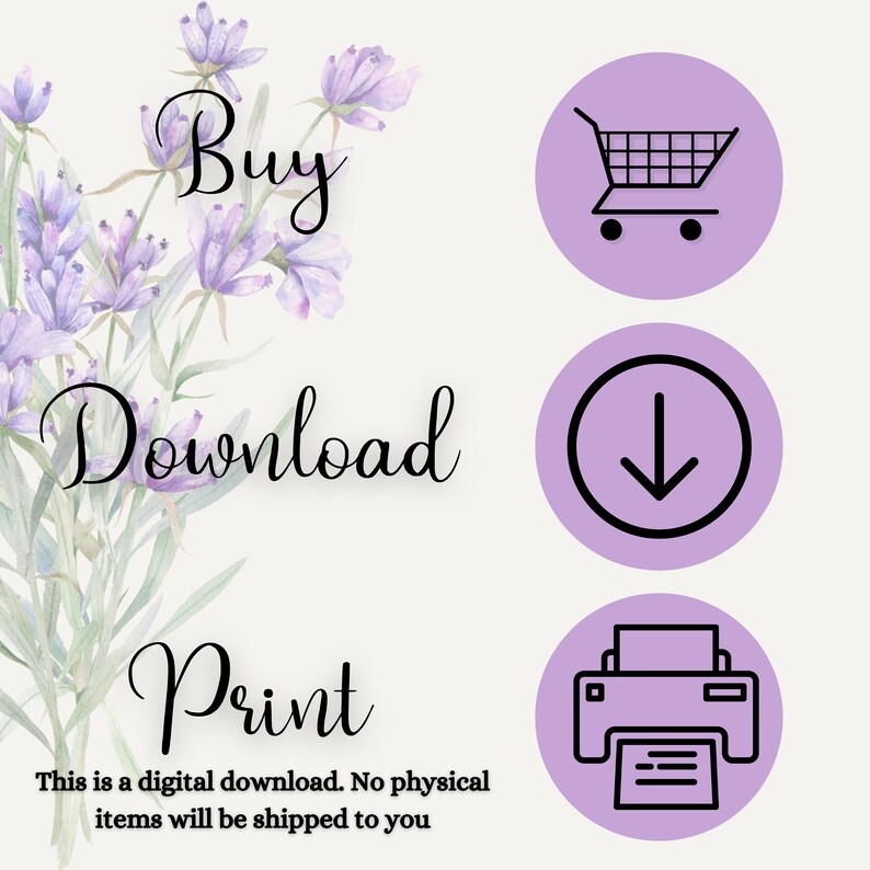 Puede incluir: Gr&aacute;fico floral morado con el texto "Comprar Descargar Imprimir" y tres iconos: un carrito de compras, una flecha de descarga y una impresora. El texto debajo de los iconos dice "Esta es una descarga digital. No se enviar&aacute;n art&iacute;culos f&iacute;sicos."