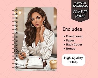 May include: A printable planner cover featuring a woman with long brown hair, wearing a white blouse and large gold earrings, sitting at a table with a cup of coffee and a planner. The planner has a calendar layout and a black pen.