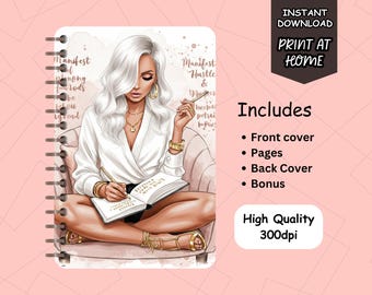 May include: A printable planner cover featuring a woman with blonde hair sitting in a pink chair, holding a notebook and pen. The text on the cover reads "Manifest & Hustle" and "Manifest all your good vibes".