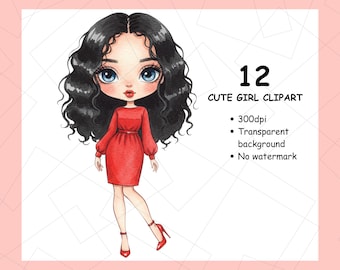 Girl Clip Art,Cartoon Clipart Png,Cute Girl Clipart,Girl Sticker, Girl Clipart Face,Kawaii Girl Stickers, Girl Clipart, Girl Red Dress