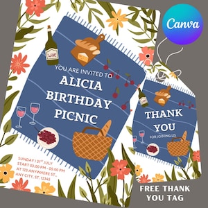 Picnic Birthday Invitation | Editable Summer Party Invite | Printable Garden Picnic Card | Instant Download | Girls Outdoor Party Template