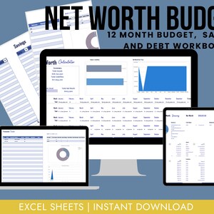 Quick Net Worth 12 Month Annual Budget Excel Template - Blue Minimalist