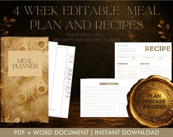 4 Week Meal Plan, Shopping Lists and Recipe Cards