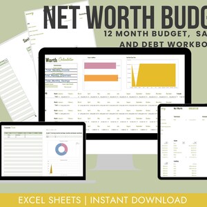Quick Net Worth 12 Month Annual Budget Excel Template - Olive Minimalist