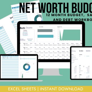 Quick Net Worth 12 Month Annual Budget Excel Template - Aqua Minimalist