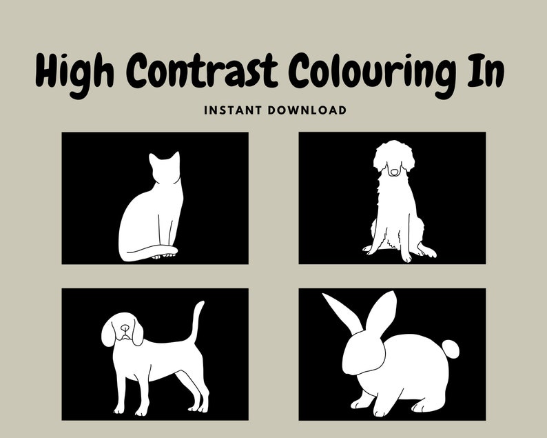 Dementia High Contrast Colouring, Pets, Printable Colouring, Dementia