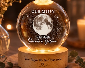Personalized Moon Phase Crystal Ball Night Light, Anniversary Gift For Couple, Our Special Day Moon Lamp, Custom Night Sky By Date Gift